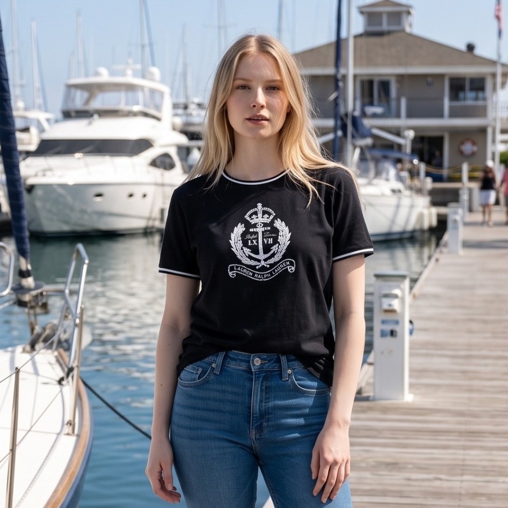 Lauren Ralph Lauren Black Embroidered Crest Anchor Short Sleeve Top Women M